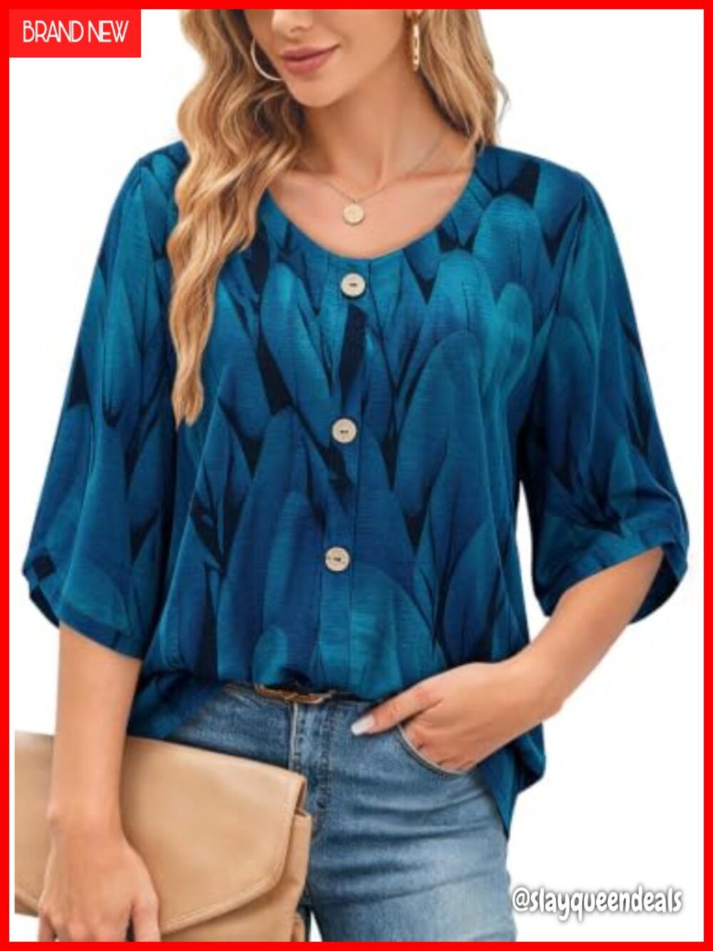 Plus Size 3/4 Sleeve A Line Tunic Top Hide Tummy V Neck Blouse